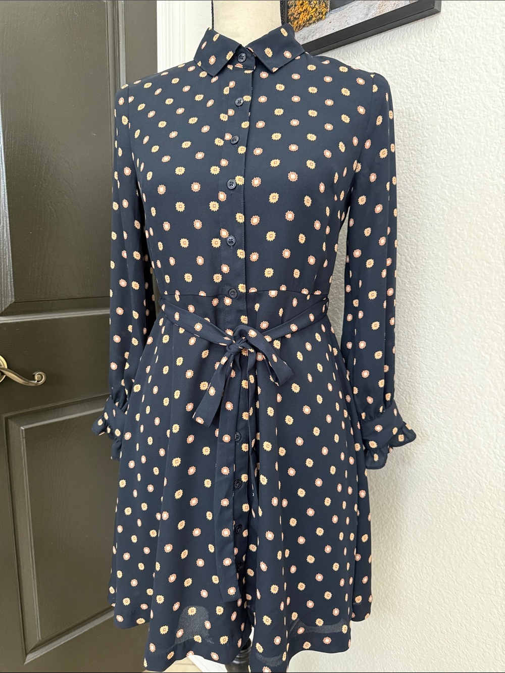 Banana Republic Navy Shirt Dress with Pink Polka Dots